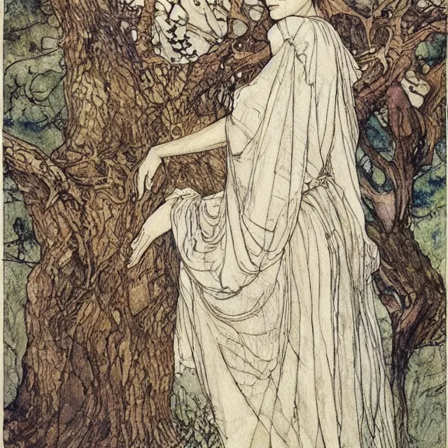 Image similar to a detailed, intricate watercolor and ink portrait illustration with fine lines, of a lovely, pretty, young alicia vikander in a dress reading under a gnarled tree, by arthur rackham and edmund dulac and mucha