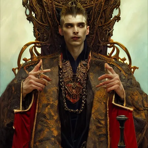 Image similar to perfectly centered portrait of attractive vampire king in a robe sitting on a throne of bones, highly detailed painting by gaston bussiere, craig mullins, j. c. leyendecker, 8 k