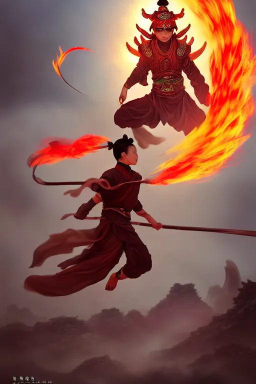 Image similar to nezha flies around swiftly on his wind flame circles in ruin chinese city, chinese mythology, sharp focus, cinematic, fantasy character portrait, highly detailed, by new gods : nezha reborn, nezha : birth of the demon child, trending on artstation, concept art, flame everywhere,