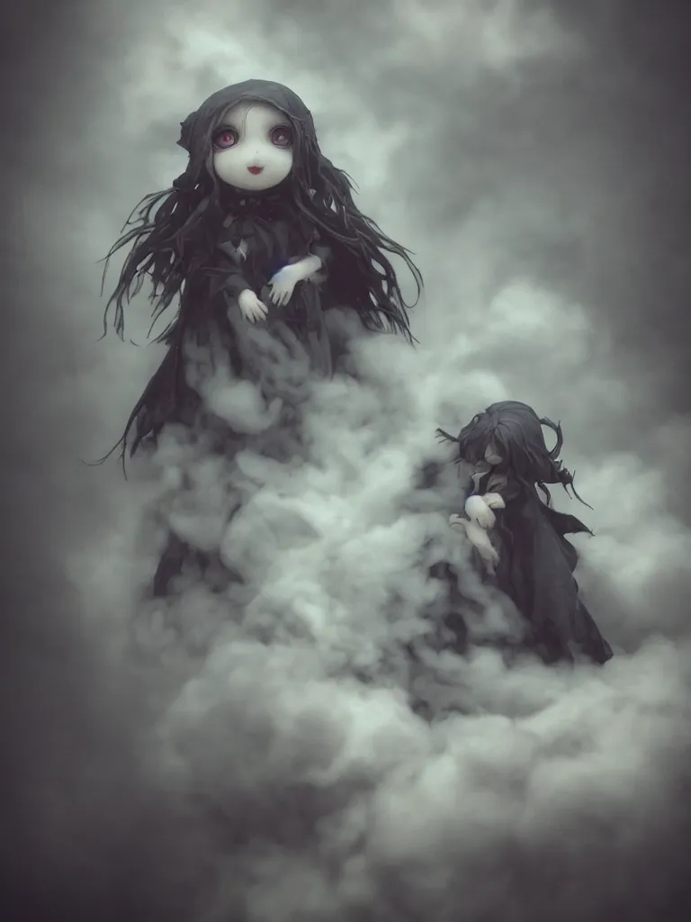 Image similar to cute fumo plush of a cursed frail witch girl held tight in the arms of a ghost mother, hugging, melting volumetric smoke and fog, environment map pbr reflective stormy water, gothic maiden, bokeh, vignette, vray