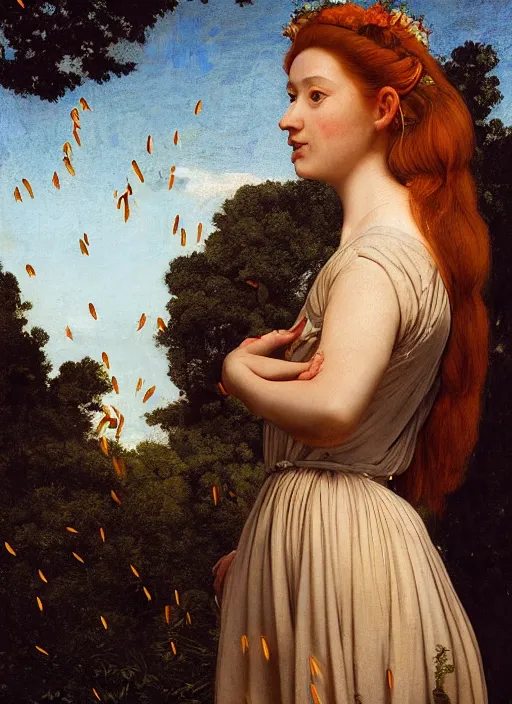 Image similar to a happy a young woman wearing a sophisticated dress, among the lights of golden fireflies and nature, long loose red hair, intricate details, green eyes, freckles on the nose, round gentle face, full figure portrait, golden ratio, high contrast, photorealistic digital art by artemisia lomi gentileschi and caravaggio and tomacz alen kopera.