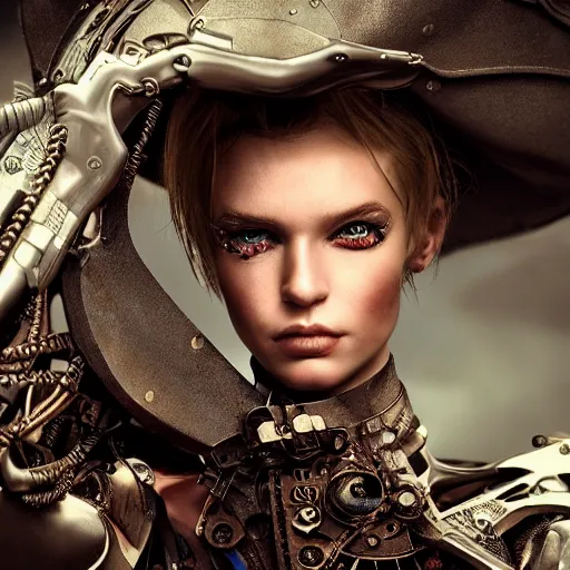 Image similar to robbie margot steampunk cyborg, fantasy, sharp focus, contemporary fashion shoot, by edward robert hughes, annie leibovitz and steve mccurry, david lazar, jimmy nelsson, extremely detailed, hyperrealistic, perfect face, octane render