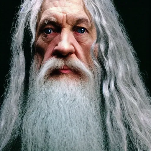 Image similar to a still from “ lord of the rings ” of a head and shoulders portrait of gandalf played by evil betty, photo by phil noto