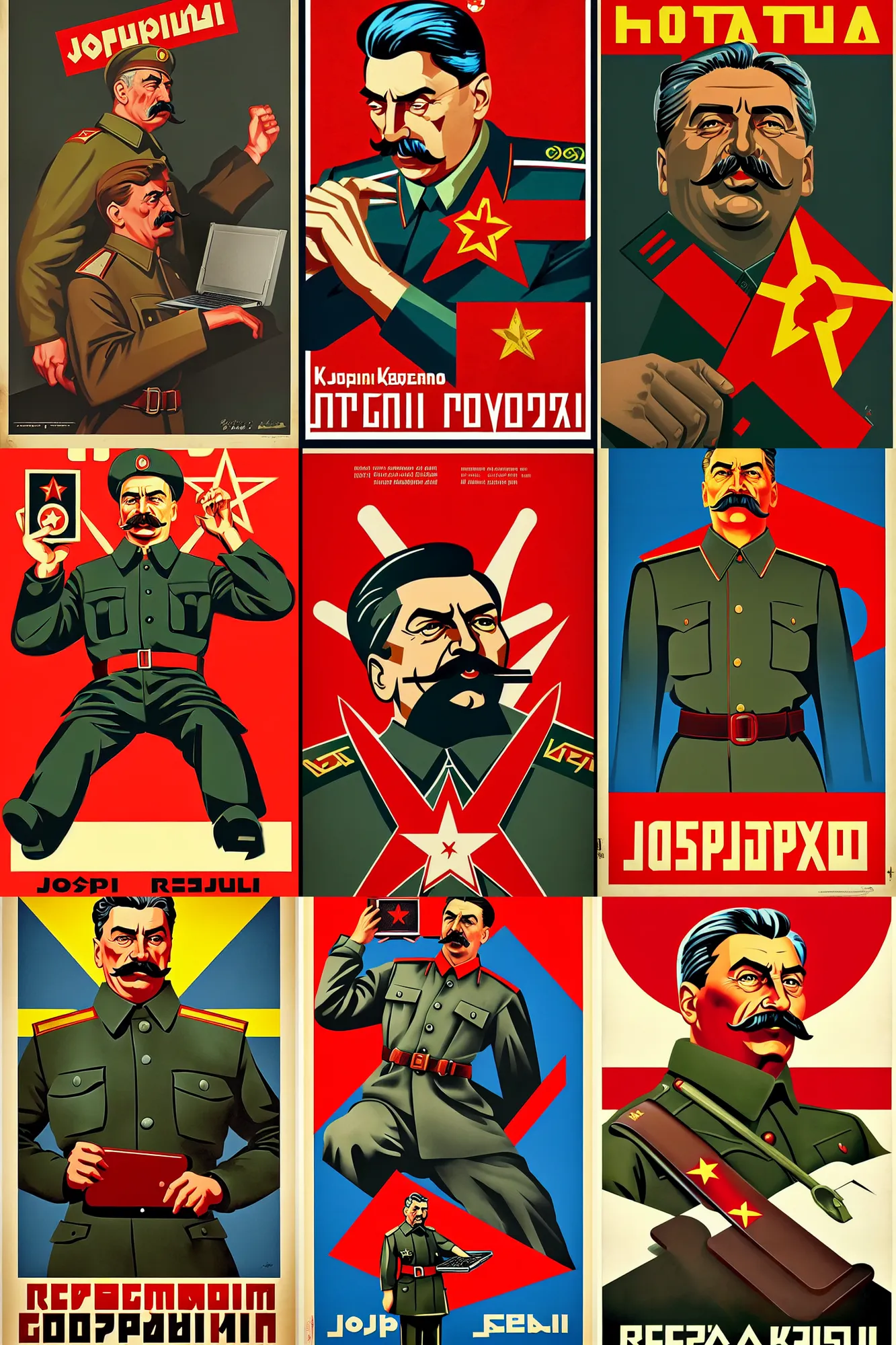 Prompt: a wwii soviet propaganda poster advertising joseph stalin using a new laptop by rei kamoi and dan mumford and robin eley, communist hammer and sickle