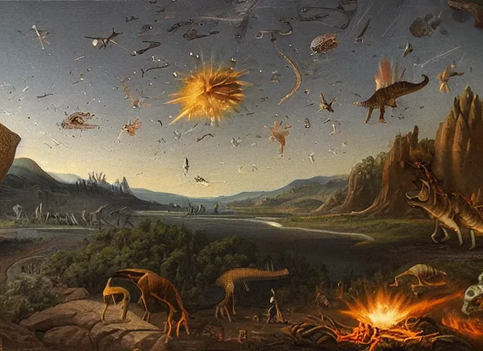 Prompt: earth during the cretaceous – paleogene extinction event, just as the asteroid is colliding with earth, dinosaurs from that era panicing and running in the far background, in the style of hudson river school of art, oil on canvas