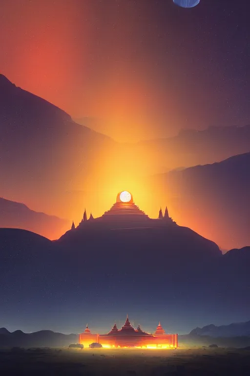 Prompt: big tibetan temple glowing orange in canyon, lightstreaks and planets in the sky, dramatic lighting, artstation, matte painting, ralph mcquarrie, simon stalenhag