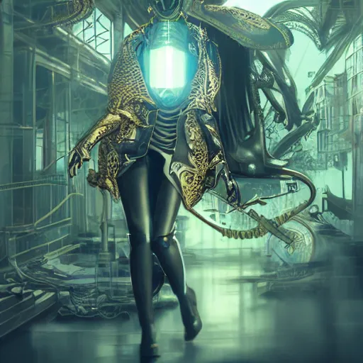 Prompt: concept art of asian female supermodel with robotic mask. steampunk vr googles. futuristic tokyo. anime and manga. comic style. artstation concept art, matte painting. ambient and neonoir mood. intricate details and golden filigree with dragon scales. cinematic light and volumetric fog
