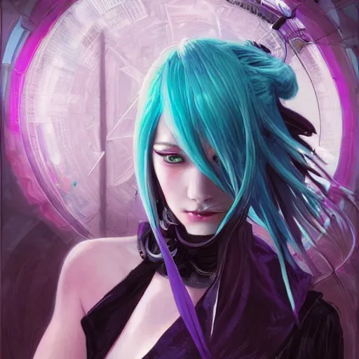 Image similar to a beautiful portrait of hatsune miku with long black and deep red colored hair and one purple colored cyborg eye, dressed a netrunner from shadowrun, intricate, elegant, highly detailed, digital painting, artstation, concept art, matte, sharp focus, illustration, art by greg rutkowski and alphonse mucha