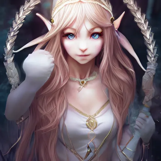 Prompt: happy elven bunny!!!!!! priestess in the temple, mmmmim, fancy silver runes, intricate braided hair, plump body, manga panel by kosuke kurose, soft lighting, highly detailed face, cozy atmosphere, sharp focus, artstation, secret of mana, sophie anderson, arnold armitage, loish