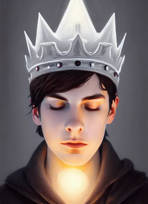 Image similar to portrait of teenage jughead jones wearing a light grey crown, photorealistic, crown, eyes closed, crown, black hair, intricate, elegant, glowing lights, highly detailed, digital painting, artstation, concept art, smooth, sharp focus, illustration, art by wlop, mars ravelo and greg rutkowski