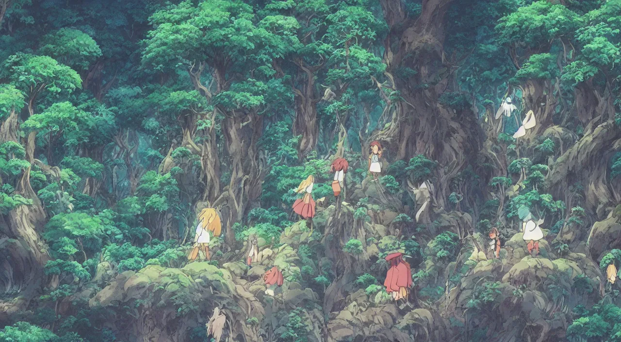 Image similar to studio ghibli anime still of a fantasy forest, magical creatures, mythical, key anime visuals