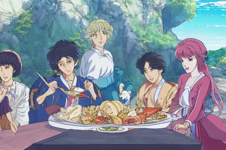 Image similar to cell shaded anime key visual of a royal family having a feast in the style of studio ghibli, moebius, ayami kojima, makoto shinkai, dramatic lighting, clean lines