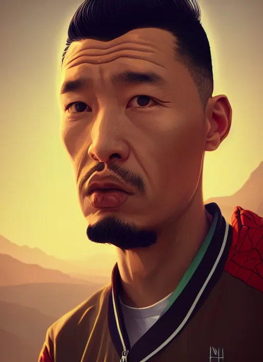 Prompt: retrofuturistic portrait of a uyghur prisoner in a tracksuit, close up, wlop, dan mumford, artgerm, liam brazier, peter mohrbacher, 8 k, raw, featured in artstation, octane render, cinematic, elegant, intricate, 8 k