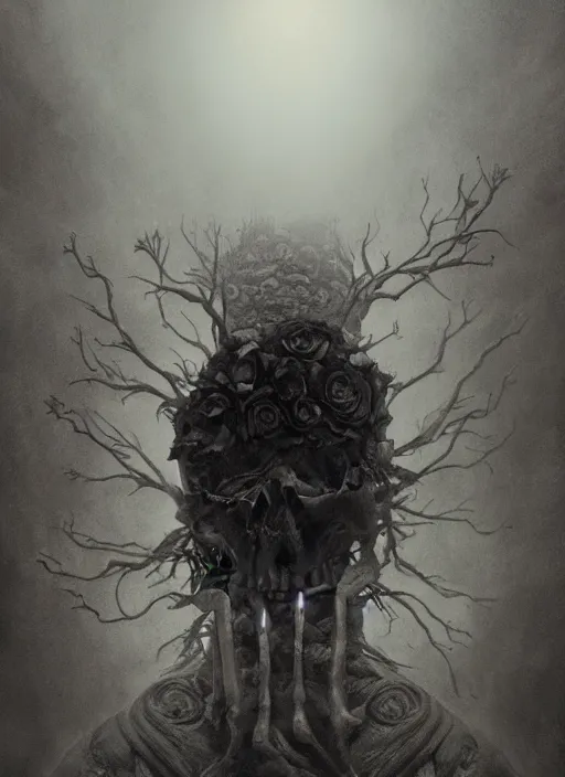 Prompt: skull surrounded by black roses, fog, cinematic shot, denis villeneuve movie still, wayne barlowe concept art, detailed, award - winning, by emil melmoth