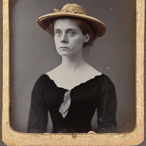 Image similar to a late 1 9 th century, 3 0 years old, austro - hungarian, sullen old maid ( redhead, tight bun, tight bun, straw hat decorated with too big flowers, looks a like amy adams mixed with anne - marie duff, but not pretty, as a strict school teacher ), daguerreotype by emil rabending and robert cornelius