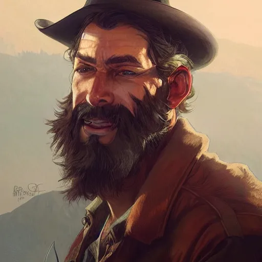 Image similar to rugged bearded cowboy, painted character portrait, highly detailed, digital painting, artstation, concept art, sharp focus, illustration, art by artgerm and greg rutkowski and alphonse mucha