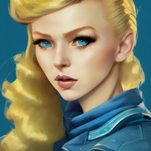 Image similar to portrait of beautiful girl with blond hair and blue eyes, League of Legend illustration by Sam Youn:2, profile picture by Gil Elvgren:2, asymmetrical, Organic Painting, Ambient Occlusion:3, Matte Painting, bold shapes, hard edges, street art, trending on artstation, realistic:2 by Sachin Teng:5