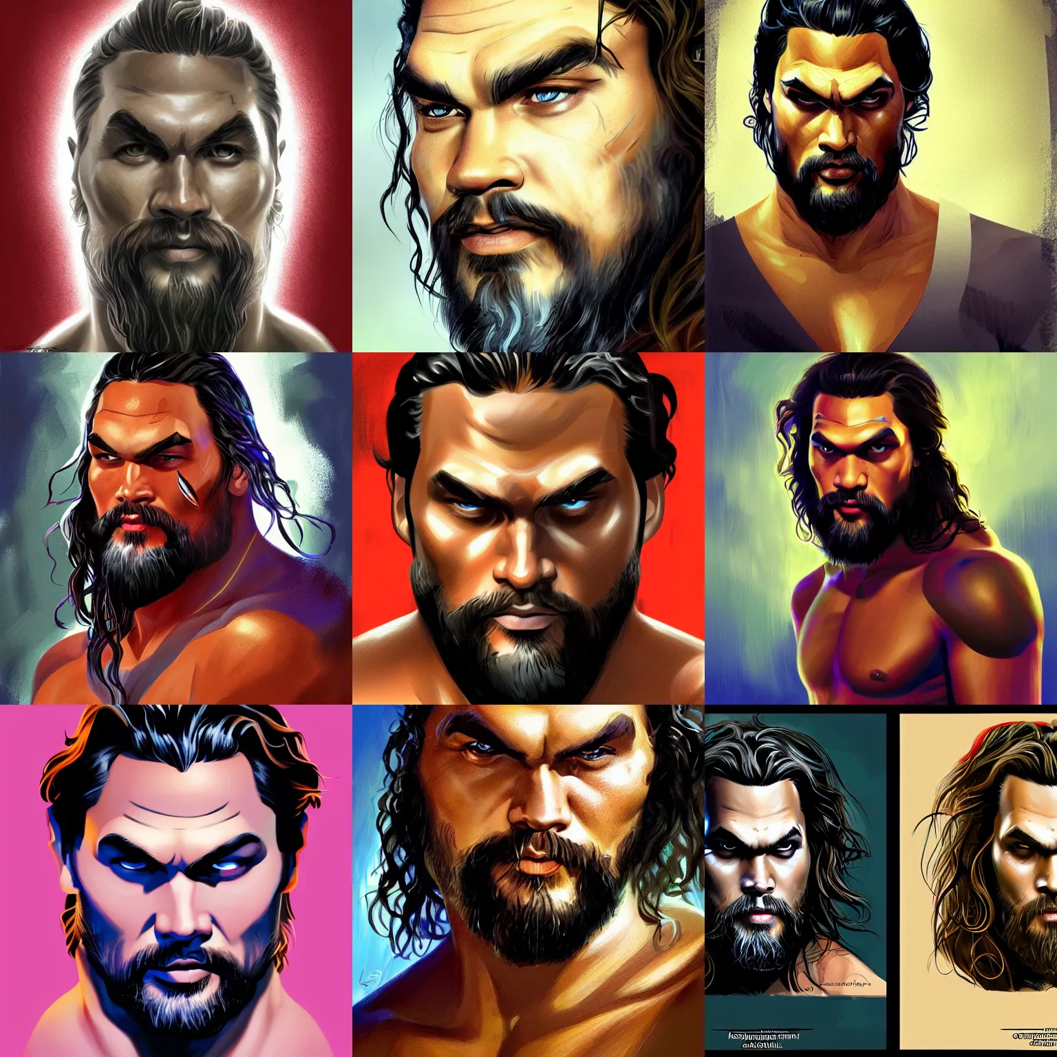 Prompt: character concept portrait, jason momoa, digital painting, concept art, smooth, sharp focus, illustration, art by jack kirby