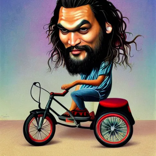 Image similar to Jason Momoa on a tricycle, lowbrow painting by Mark Ryden