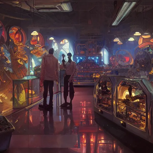 Prompt: inside a dimly lit futuristic toystore. highly detailed, digital painting, artstation, concept art, matte, sharp focus, illustration, art by artgerm and greg rutkowski and alphonse mucha