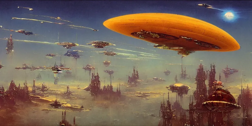 Prompt: landscape of an alien world, futuristic bridges, giant steampunk airships float in the sky. by bruce pennington, by shaun tan. vibrant color