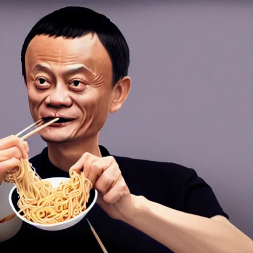 Image similar to a photorealistc digital art of jack ma eating noodles, award winning photography, trending on artstation