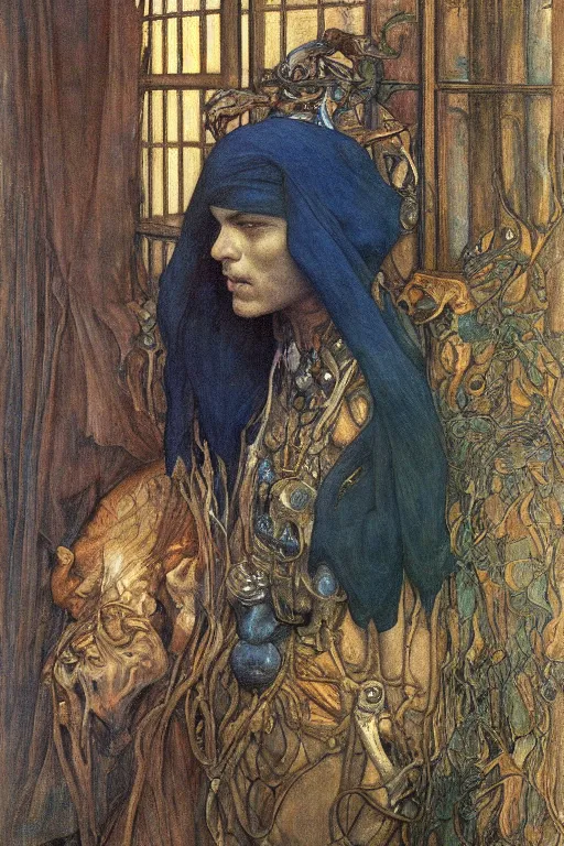 Image similar to the prince in his bone crown and regalia stands by the window at dusk,by Annie Swynnerton and Diego Rivera and Elihu Vedder, symbolist, dramatic lighting, elaborate geometric ornament, Art Brut, soft blues and greens,smooth, sharp focus, extremely detailed, Adolf Wölfli and (Evelyn De Morgan)