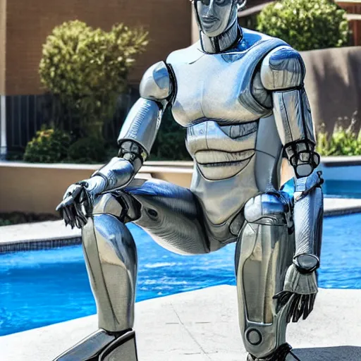 Prompt: a realistic detailed photo of a guy who is an attractive humanoid who is half robot and half humanoid, who is a male android, wrestler bryce meredith, shiny skin, posing like a statue, blank stare, by the pool, on display, showing off his muscles, humanoid robot, frozen ice statue