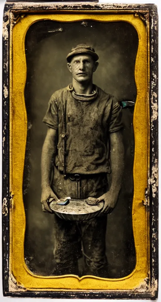 Image similar to a highly detailed wet plate photograph, a portrait of a miner holding a a lantern