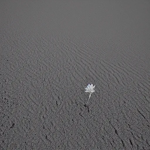 Prompt: a single small pretty desert flower blooms with a drop of moisture on a petal in the middle of a bleak arid empty desert, sand dunes, clear sky, low angle, dramatic, cinematic, tranquil, alive, life.