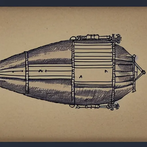 Image similar to technical drawing of a steampunk airship on parchment paper