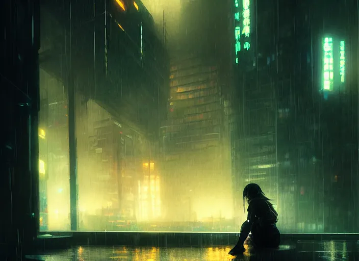 Prompt: silhouette of a female sitting against a building, rainy, cyberpunk, blade runner, futuristic, intricate, sharp focus, lens flare, bloom, illustration, highly detailed, digital painting, concept art, matte, art by ruan jia and wlop and greg rutkowski, masterpiece