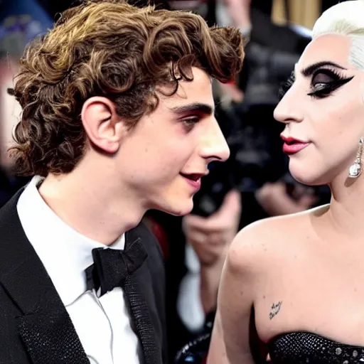 Image similar to timothee chalamet and lady gaga meet eachother, highly beautiful faces, highly detailed