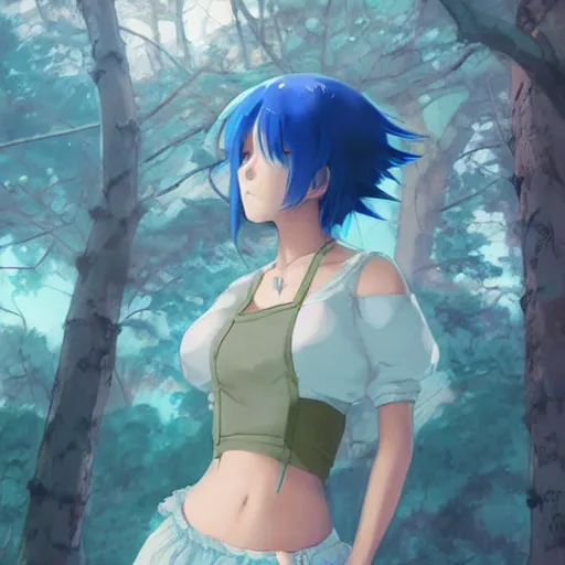 Prompt: a blue haired anime girl in a european city wearing a crop top, official art, rpg character art, half body shot, by jeremy lipking, by charlie bowater, by studio ghibli, photorealistic digital art, octane render, anime style