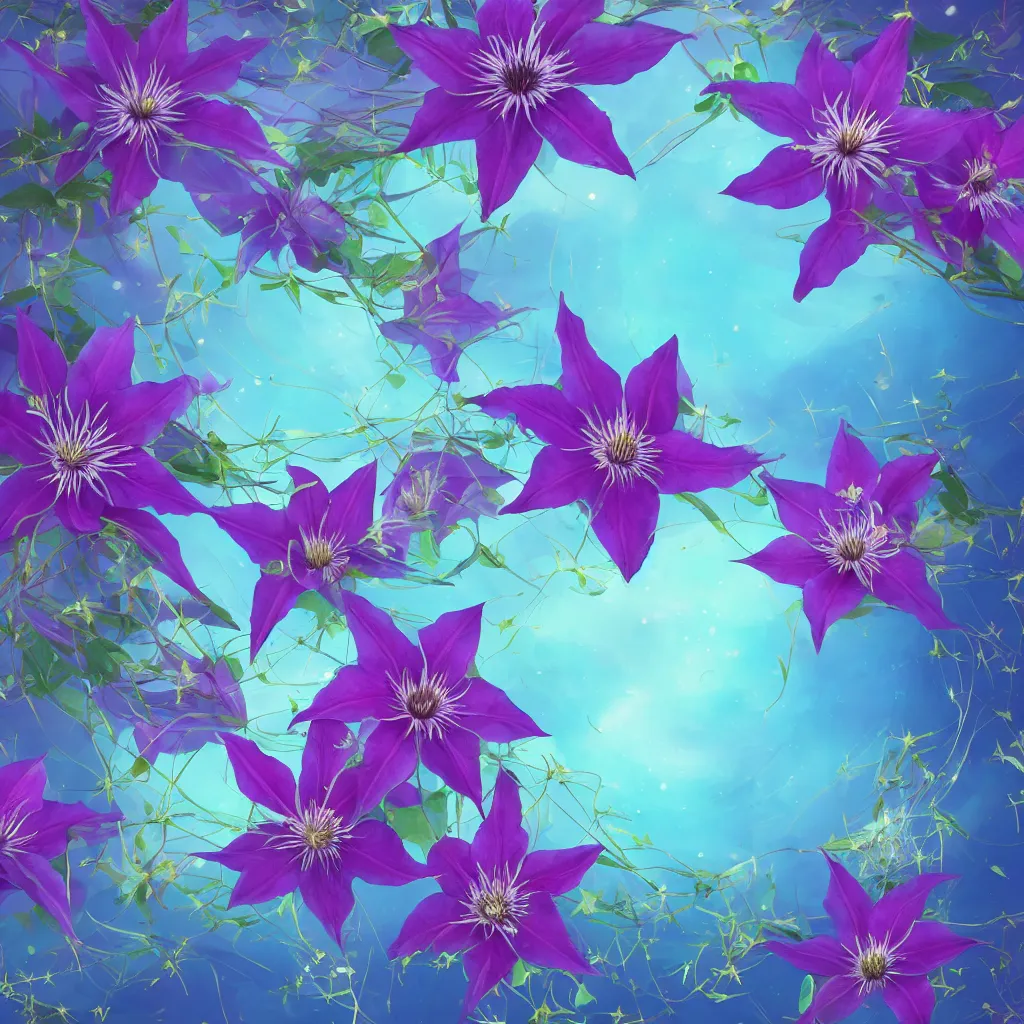 Image similar to clematis theme logo, clematis theme banner, clematis design, clematis in the deep sea, clematis like stars in the sky, trending on artstation, warm light, lovely and cute, fantasy art, 8 k resolution