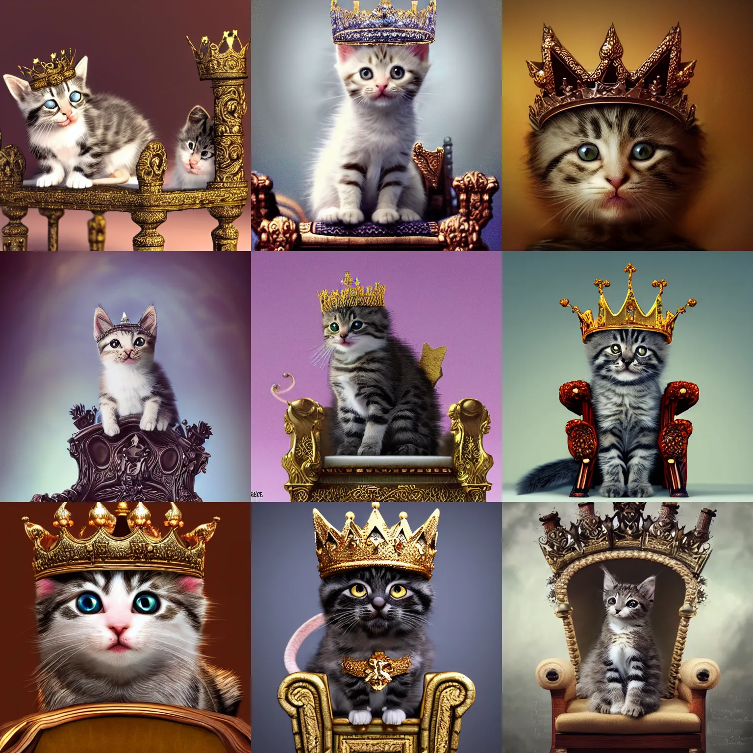 Prompt: cute kitten king wearing a crown on a throne being worshipped by mice intricately detailed, physically based rendering, realistic, in the style of WLOP, illustration, epic, fantasy, hyper detailed, smooth, unreal engine, sharp focus, ray tracing