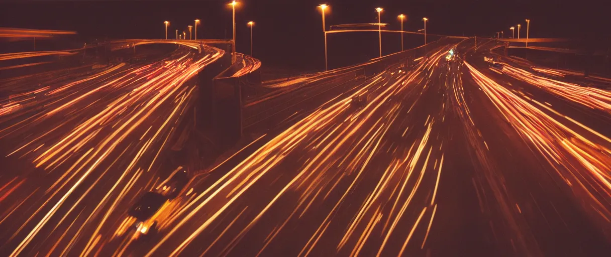 Prompt: nighttime on a Highway, Closeup of a man and a woman hugging, the cars are rushing past them. they are illuminated by the lights, kodak portra, grainy, triadic color scheme