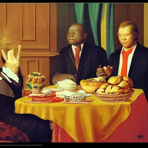 Image similar to the king of zimbabwe having imperial breakfast with his guest dignitaries by Raphael, Hopper, and Rene Magritte. detailed, romantic, enchanting, trending on artstation.