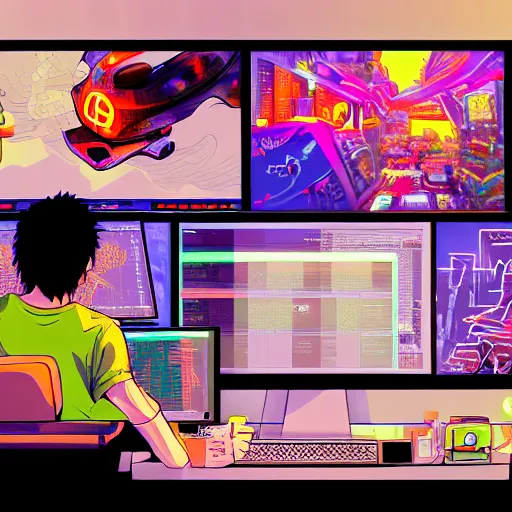 Prompt: a man sitting on his computer staring at several computer monitors showing crypto trades, colourful, chill, anime asthetic, neon glow, gamer, playstation 2, digital illustration, in style of lofi hip hop digital painting by james jean, kishimoto, wlop and toriyami togashi, inspired by hirohiko araki and made in abyss,