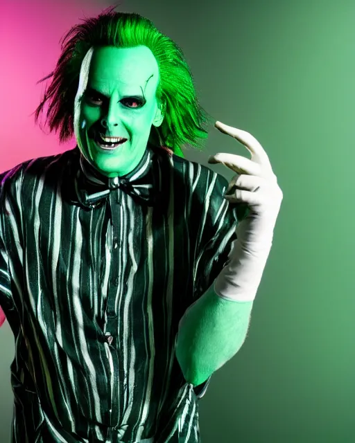 Image similar to Will Arnett as Beetlejuice, makeup, green hair, cinematic lighting, 4k photograph