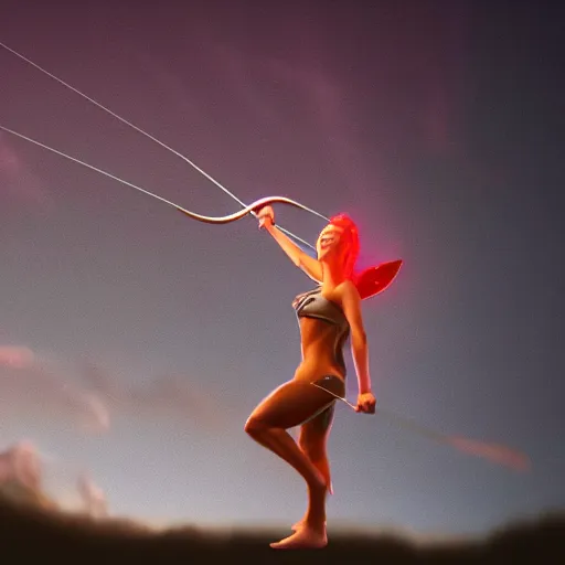 Image similar to cupid shooting an arrow, the arrow is glowing pink, matte painting, cinematic, 4 k