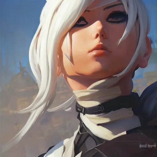 Image similar to greg manchess portrait painting of 2 b nier automata as overwatch character, medium shot, asymmetrical, profile picture, organic painting, sunny day, matte painting, bold shapes, hard edges, street art, trending on artstation, by huang guangjian and gil elvgren and sachin teng