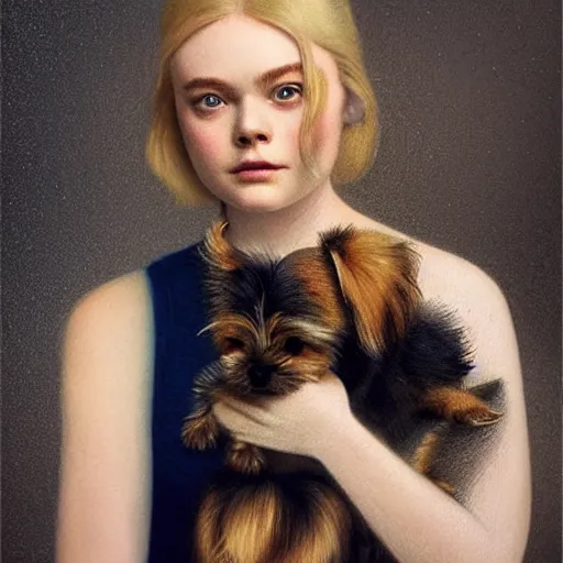 Prompt: Elle Fanning holding a Yorkshire Terrier in the style of Lady with an Ermine, head and shoulders portrait, stormy weather, extremely detailed masterpiece, oil on canvas, low-key neon lighting, artstation, Blade Runner 2049, Roger Deakin’s cinematography, by J. C. Leyendecker and Peter Paul Rubens and Edward Hopper and Michael Sowa,
