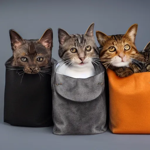 Image similar to a highly detailed photo of multiple furry cats, they are inside a big bag, gray background, studio lighting, 4 k, 8 k