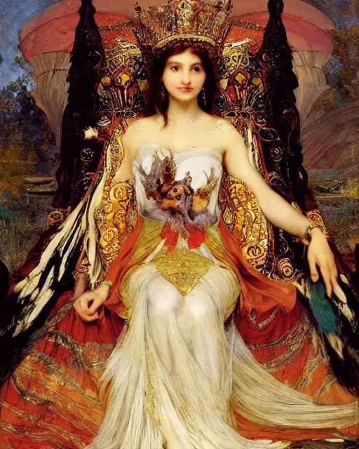 Image similar to an illustration of a queen on a throne at night by frederick arthur bridgman, by georgia o keeffe, by gustave moreau, by bouguereau, realistic, detailed, oil painting, 1 9 th