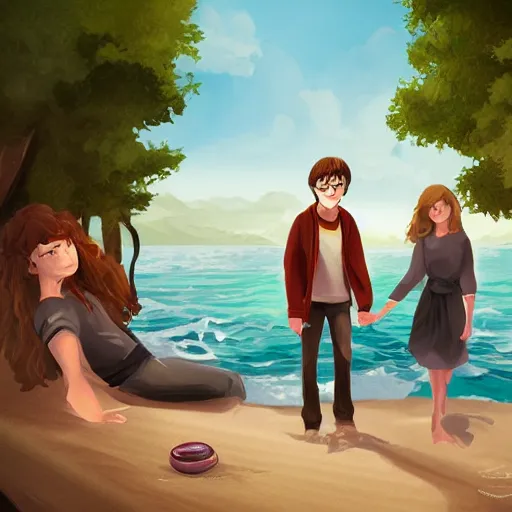 Image similar to Harry Potter Ron and hermione at the beach, digital art, trending on artstation