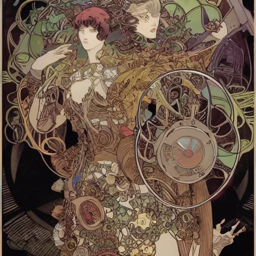 Prompt: alphonse mucha yoji shinkawa moebius jean girard shintaro kago junji ito esoteric hypnogogic ethereal ethereality dreamy combat mech dieselpunk incredible intricate machinery illusionary art and trash polka