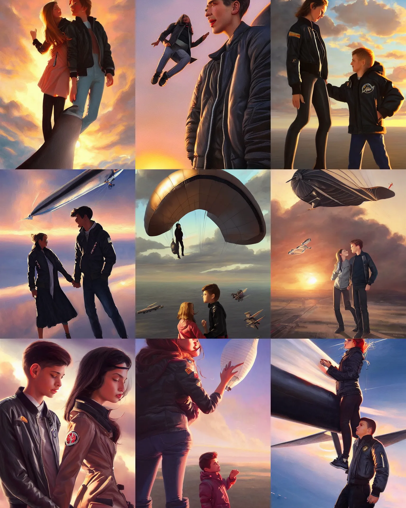 Prompt: beautiful tall aviator girl !!!! in black bomber jacket and an explorer boy holding hands inside a flying zeppelin!!!!! during sunset, close up, cinematic, photorealistic, ultrarealistic, textured, painting by artgerm and greg rutkowski artstation