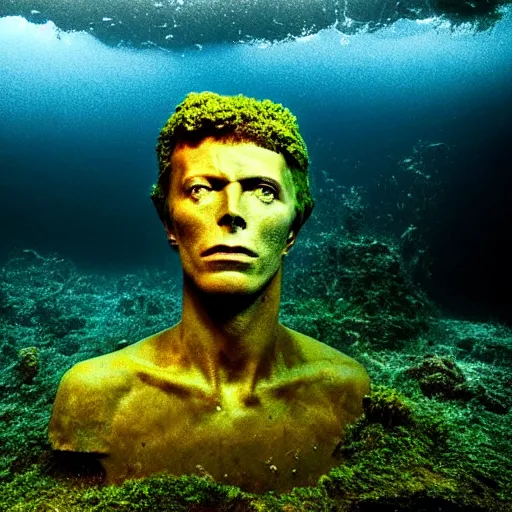 Prompt: Award-winning photograph by Mar Mann. The photo depicts a decaying roman bust of David Bowie overgrown with moss at the bottom of the sea in the middle of ruins of civilization. Minimalism, high definition, perfect composition. Deep sea picture. Very dark. Volumetric Lighting. Fish. Darkness. Ruins