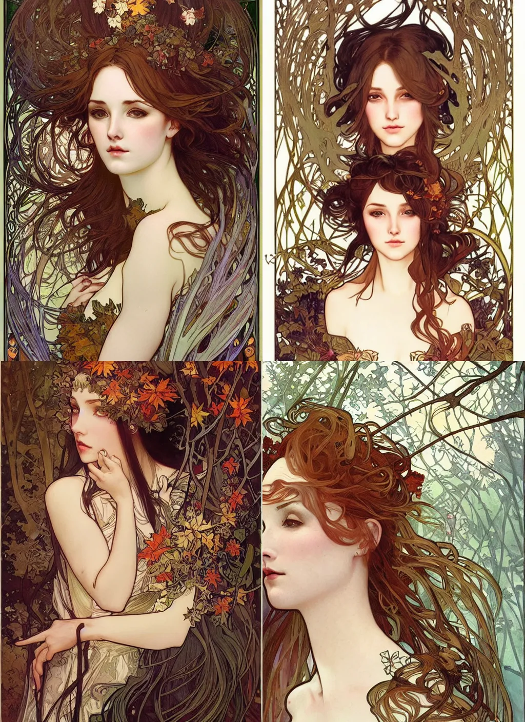 Prompt: detailed face portrait of a beautiful Female Furry with an autumn forest rising out of her hair by Alphonse Mucha, Ayami Kojima, Amano, Charlie Bowater, Art Nouveau, Neo-Gothic, gothic, rich deep moody colors